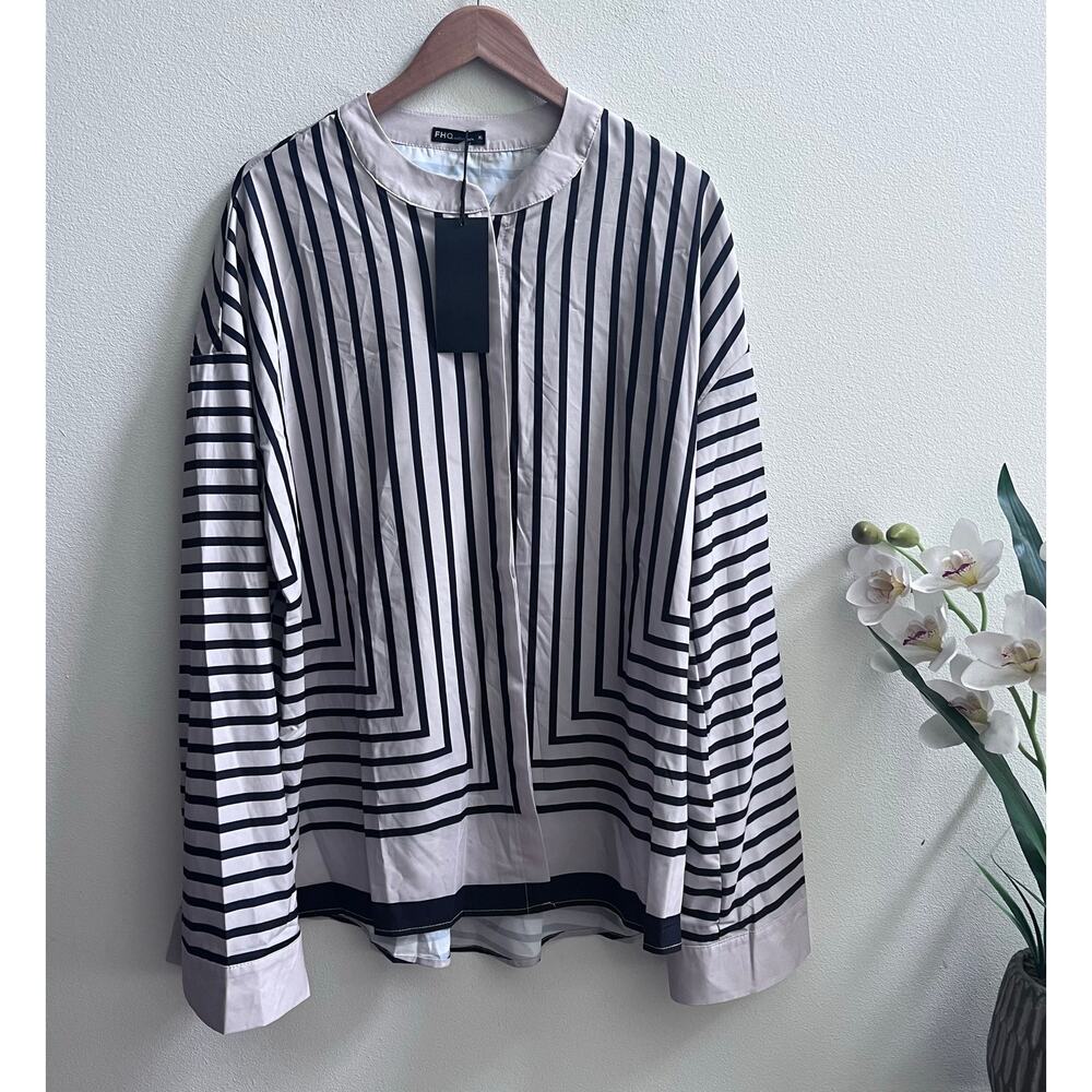 FHQ Collection Loose Style Cream Striped Blouse Long Sleeve Top Women's XL NWT
